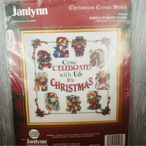 Vintage 1994 Janlynn Christmas Cross Stitch Kit #125-98 Bear Cottagecore Grandma - Picture 1 of 2